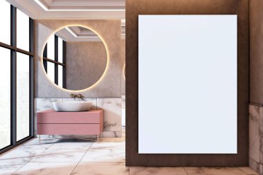 Dairesel aynalı zarif bir banyo, pembe lavabo dolabı, mermer döşeme ve duvarda poster sergisi için boş dikey tuval. 3B Hazırlama