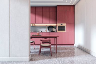 Pembe dolaplar, temiz yemek alanı, terrazzo döşemesi ve beyaz duvar arka planıyla çağdaş mutfak. Modern ev tasarımı kavramı. 3B Hazırlama