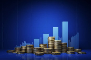 Bir yığın bozuk para ve grafiği olan mavi bir arkaplan. Grafik kırmızı ve aşağı doğru bir eğimi var. 3B Hazırlama