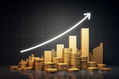 Bir yığın altın para ve yükselen bir çizgi. Sikkeler üst üste istiflenmiş. 3B Hazırlama