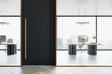 Modern masa ve sandalye ile modern ofis içi geniş pencerenin önünde, şehir planında temiz tasarım. İş kavramı. 3B Hazırlama