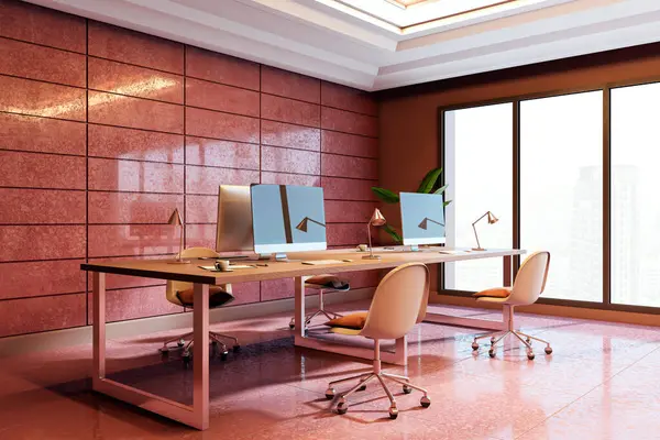 Pembe kiremit duvarlı çağdaş ofis odası, minimum mobilya ve arka planda şehir manzaralı büyük pencereler. Modern çalışma alanı kavramı. 3B Hazırlama