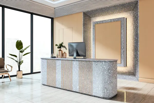 Zarif ofis lobisinde şık bir resepsiyon masası terrazzo tezgahı, boş model duvar, parlak ahşap zemin ve şehir manzarası. 3B Hazırlama