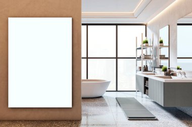 Lüks, modern banyo içinde, büyük pencereli ve zarif dekorlu bir duvarda dikey boş poster modeli. 3B Hazırlama