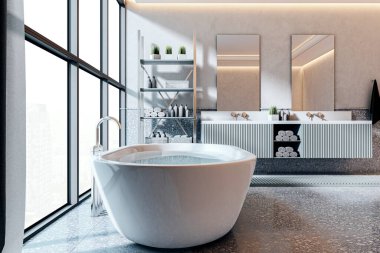 Serbest küveti, minimalist rafları, geniş pencereleri ve şehrin arka planında hafif ışıklandırması olan zarif bir banyo. 3B Hazırlama