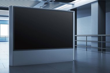 Modern temiz ofis içi, metalik ve mavi tonlarda, markalaşma veya dijital görüntü konseptinde büyük bir siyah ekran modeli. 3B Hazırlama