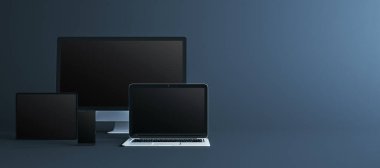 Boş bilgisayar, dizüstü bilgisayar, tablet ve karanlık arka planda minimalist düzende telefon ile temiz dijital model. 3B Hazırlama