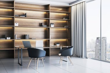 Modern mobilyalar, temiz tasarım, cam masa, ahşap raflar ve şehir manzaralı lüks ofis. 3B Hazırlama