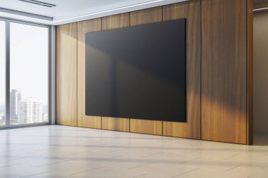 Ahşap bir duvarda asılı büyük, siyah, boş bir tuval. Modern ofis içinde döşeme döşemeli ve şehir manzaralı bir pencere. 3B Hazırlama