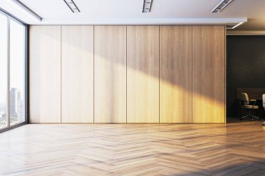 Ahşap duvar panelleri ve herringbone parke zeminli boş ofis odası, temiz modern tasarım, parlak güneş ışığı, 3D görüntüleme