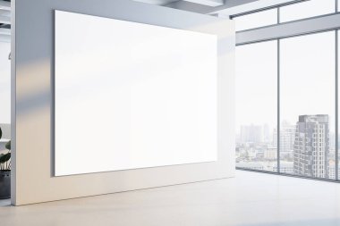 Duvardaki boş tuval modeli modern parlak ofis içi içinde büyük pencerelerden şehir manzarası manzarası, sunum ya da görüntü konsepti ile. 3B Hazırlama
