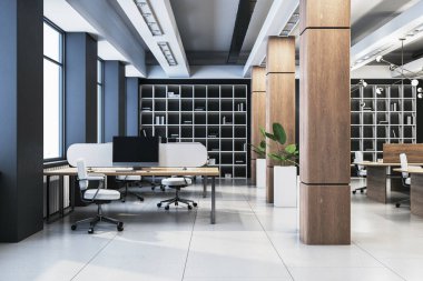 Geniş, modern ofis içi ahşap sütunlar, beyaz sandalyeler ve kurumsal çalışma alanı ortamında masalar. 3B Hazırlama