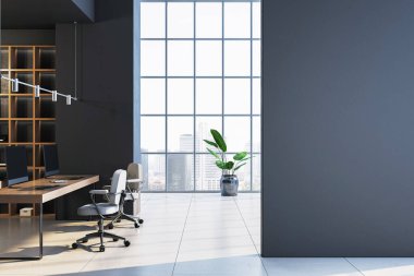 Modern ofis içi temiz masalar, sandalyeler, büyük pencere, parlak arka planda kapalı alan bitkisi. Minimalist kurumsal alanın 3 boyutlu canlandırması