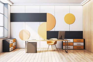 Geometrik duvar sanatı, ahşap masa ve parlak, temiz çalışma alanı içinde çekmeceleri olan modern yönetici ofisi. 3B Hazırlama