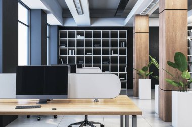 Ahşap masalar, büyük monitörler, yeşil bitkiler ve lüks bir şirket alanında geometrik kitaplıklar olan çağdaş açık ofis içi. 3B Hazırlama