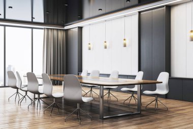 Zarif ışık donanımlı modern konferans odası, minimalist yaratıcı tasarım, ahşap döşeme arka planı, profesyonel toplantı alanı konsepti, 3D oluşturma