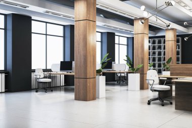 Geniş, modern ofis içi, ahşap sütunlar, beyaz sandalyeler, masalar, bitkiler ve bilgisayarlar parlak şirket çalışma alanında. 3B Hazırlama