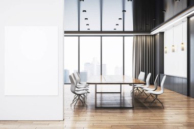 Ahşap bir masa, beyaz sandalyeler, büyük pencereler, boş bir poster, şık bir ışıklandırma, zarif bir arka plan tasarımı olan modern bir konferans odası. 3B Hazırlama