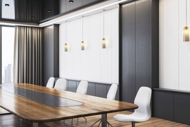 Ahşap masalı modern konferans odası, beyaz sandalyeler, kolye ışıkları, parlak arka planda minimalist stil. 3B Hazırlama, ofis kavramı