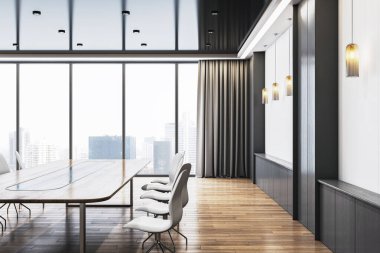 Ahşap masa, beyaz sandalyeler, kolye ışıkları ve şehir manzarası arka planı olan modern konferans odası, minimalist tasarım, 3D tasarım, soyut kavram