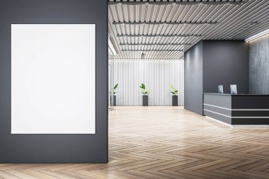 Modern ofis resepsiyonunun içinde boş dikey çerçeve, ahşap parke zemin, pankart modeli için temiz boş tuval arkaplan, 3D oluşturma
