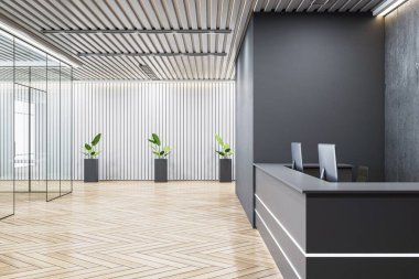 Parlak ofis içinde iki sandalyesi olan modern resepsiyon masası, hafif ahşap simge tabanı, minimalist tasarım, dikey çizgili duvar arka planı, 3D görüntüleme