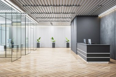 Siyah masalı şık modern ofis resepsiyonu, cam bölmeler, ahşap parke döşeme, koyu çatı katı tarzı duvarlar, ve parlak tavan. 3B Hazırlama