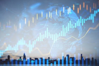 Parlayan çubukları ve dünya haritası olan dijital finans tablosu gün batımında bir şehir siluetine karşı, küresel pazar konsepti için yaratıcı ışık arkaplanı