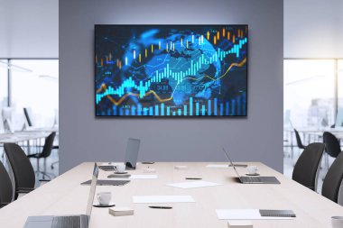 Masasında dizüstü bilgisayarları ve kırtasiyesi olan konferans odası, modern 3D oluşturma tarzı, parlak ofis geçmişi, iş ve kurumsal büyüme kavramı
