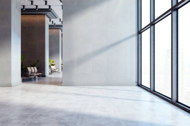 Boş modern ofis koridoru, büyük boş bir duvar, temiz tasarım tarzı, pencerelerden şehir manzarası, iç mimari ya da tasarım konsepti. 3B Hazırlama