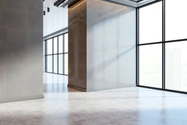 Modern ofis koridorunda boş beyaz tuğla duvar, doğal ışık, tabela modelleme, markalaştırma veya poster sunumu için mükemmel. 3B Hazırlama