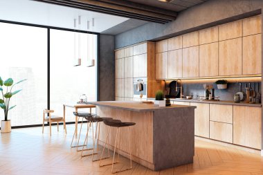 Ahşap dolaplar, beton yüzeyler, geniş pencere ve şehir manzaralı, modern ev kavramı olan çağdaş çevre dostu mutfak. 3B Hazırlama