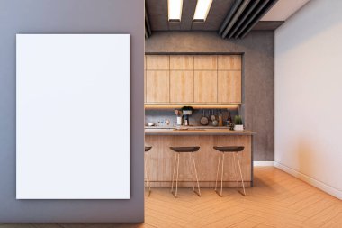 Gri duvarda dikey tuval modeli modern mutfak iç kısmında ahşap mobilyalar, temiz tasarım ve sıcak ortam aydınlatmasıyla. 3B Hazırlama