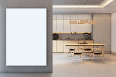 Modern stil mutfak iç dekorasyonunda, tahta mobilyalar ve sıcak ışıklandırma ile gri duvarda dikey boş tuval modeli, ev dekorasyonu kavramı. 3B Hazırlama.