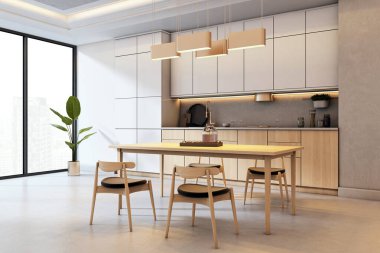 Şık modern mutfak iç mimarisi ahşap masa, zarif dolaplar ve parlak şehir manzaralı arka planda ayarlanmış rahat aydınlatma. 3B Hazırlama