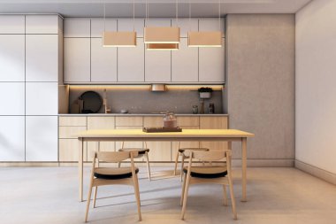 Çağdaş mutfak, hafif ahşap dolaplar, masa ve sandalyeler, tarafsız arka planda sıcak bir ışık altında. Modern ev kavramı. 3B Hazırlama