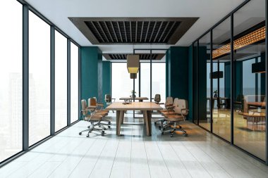 Ahşap masası, şık sandalyeleri, cam duvarları ve gösterişli bir çalışma alanı manzarası olan geniş modern toplantı odası. 3B Hazırlama