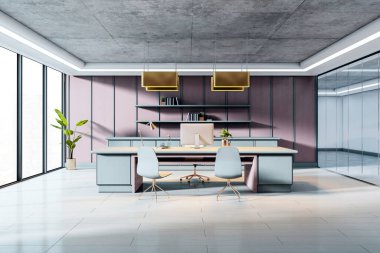 Lüks bir çalışma ortamında şık mobilyaları, az dekorasyonu ve büyük pencereleri olan şık modern yönetici ofisi. 3B Hazırlama