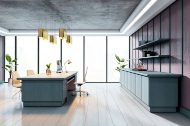 Geniş pencereleri, modern mobilyaları, şık ışıklandırmaları ve temiz zemini olan ahşap dokuları olan bir ofis. Lüks çalışma alanı kavramı. 3B Hazırlama