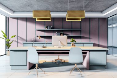 Zarif masası, sandalyeleri ve pastel temalı çalışma alanı içinde altın lambaları olan çağdaş yönetici ofisi. 3B Hazırlama