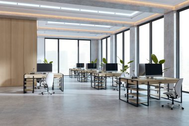 Ahşap masaları, sandalyeleri ve bilgisayarları olan modern açık planlı ofis odası, 3D oluşturma, parlak arka plan, kurumsal çalışma alanı tasarımı konsepti