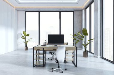 Modern masa ve sandalye düzenine sahip çağdaş ofis odası, minimalist tasarım, büyük pencereler, şehir manzarası arka planı, kurumsal çalışma alanı konsepti, 3D oluşturma