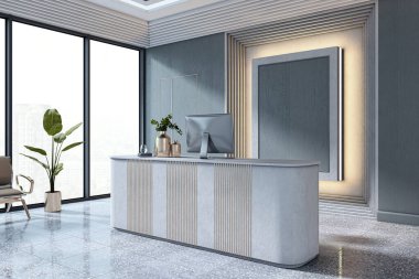 Parlak ofis lobisinde modern resepsiyon masası, minimalist tasarım, şehir manzarası geniş pencereler ve şık arka ışıklandırmalı duvar dekoru. 3B Hazırlama