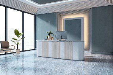 Modern ofis lobisindeki resepsiyon masası. Pürüzsüz tasarım, büyük pencereler, arka ışıklandırma duvarı ve temiz çalışma alanı düzeni. 3B Hazırlama