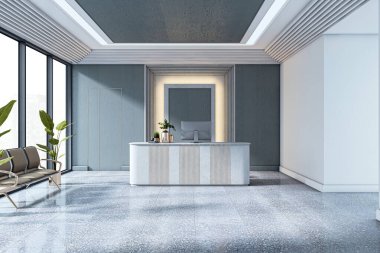Modern bir ofis lobisinde resepsiyon masası. Minimalist iç tasarımı, doğal ışıklandırması ve cilalı zemini olan mobilyaları var. 3B Hazırlama