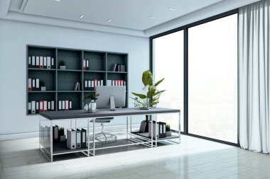 Büyük cam pencereli şık modern yönetici ofisi, minimalist masası, şık mobilyaları ve düzenli iç dekorasyonu olan. 3B Hazırlama