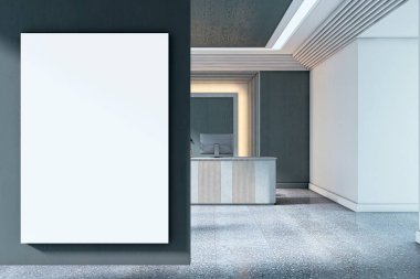 Modern ofis lobisindeki koyu renkli duvarda dikey poster modeli. Temiz resepsiyon masası, desenli döşeme ve geometrik tavan. 3B Hazırlama