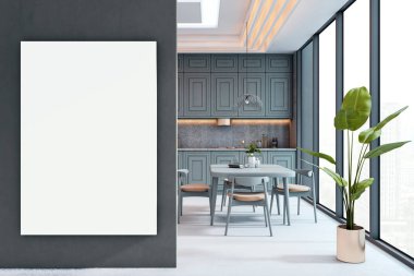 Lüks mutfak içerisindeki karanlık duvarda dikey boş tuval modeli, zarif mobilyalar, şehir manzaralı büyük pencereler. 3B Hazırlama