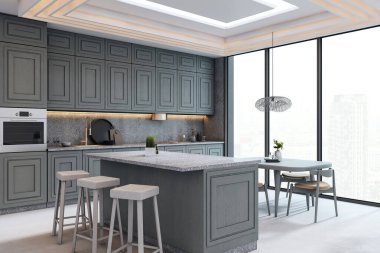 Yeşil dolapları, adası ve yemek masası olan zarif modern mutfak, şehrin ufuk çizgisi arka planı, lüks ev tasarımı konsepti, 3D tasarım