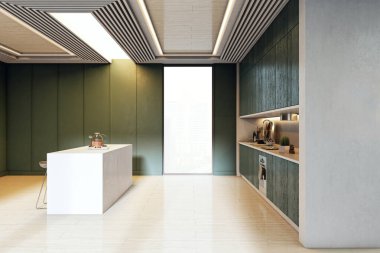 Çağdaş mutfak, parlak yeşil dolaplar, beyaz tezgah adası, ahşap tavan ve zemin, parlak bir oda içinde. 3B Hazırlama